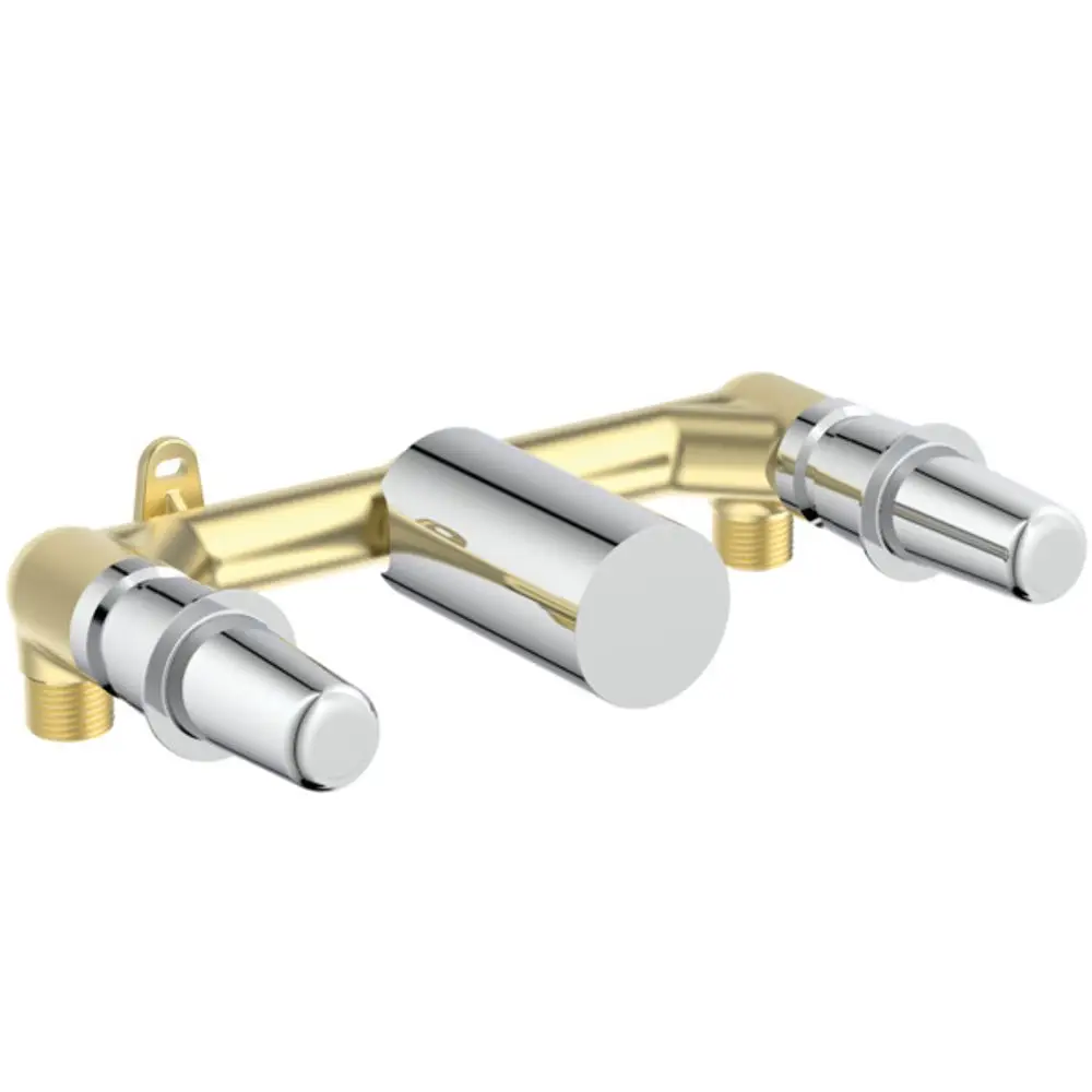 Unterputz-Wasserarmatur von Ideal Standard mit zwei Bedienelementen und runder Platte. Anbringung durch seitliche Anschlüsse erkennbar.